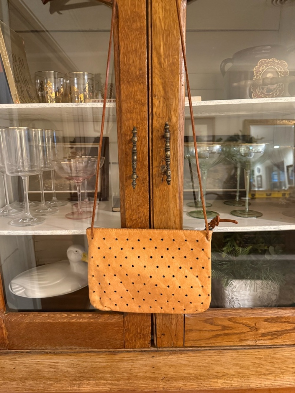 Perforated Tan Suede Crossbody Bag